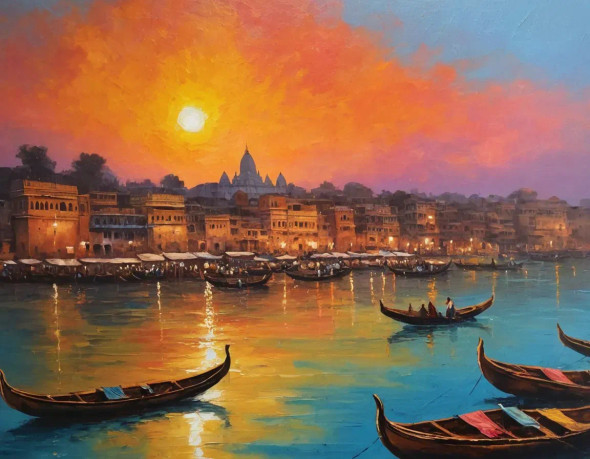 Varanasi Ghat Painting (ART-3319-115324) - Handpainted Art Painting - 40in X 30in