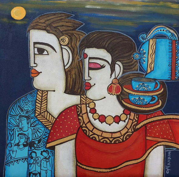 Morning Tea Together (ART-5103-115342) - Handpainted Art Painting - 20in X 20in