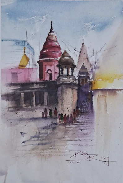 Varanasi Ghat In Watercolor (ART-17554-115422) - Handpainted Art Painting - 8in X 11in