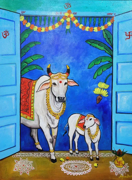 Devotion Of Kamdhenu (ART-82-115420) - Handpainted Art Painting - 36in X 48in