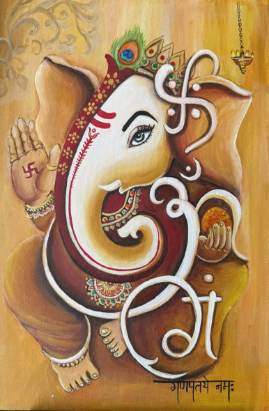 Divine GaneshDivine (ART-17613-115361) - Handpainted Art Painting - 16in X 24in