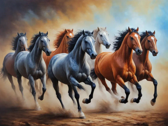 7 Running Horses Painting Vastu (ART-3319-115310) - Handpainted Art Painting - 48in X 30in