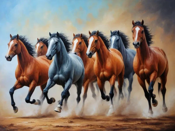 7 Running Horses Painting Vastu (ART-3319-115308) - Handpainted Art Painting - 36in X 24in