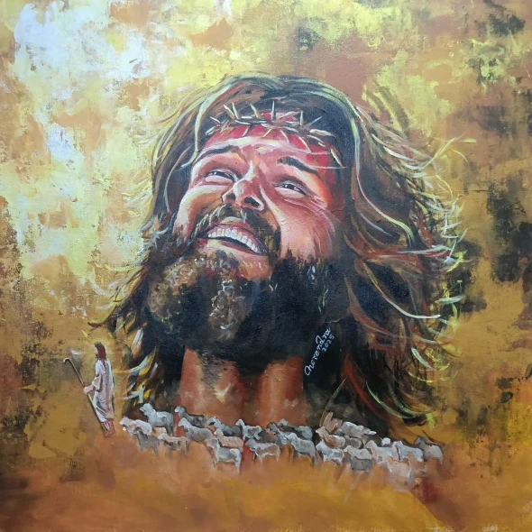 Jesus The Divine Shepherd (ART-3674-115442) - Handpainted Art Painting - 24in X 24in