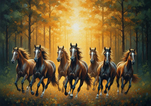 7 Running Horses Painting Vastu (ART-3319-115456) - Handpainted Art Painting - 36in X 30in