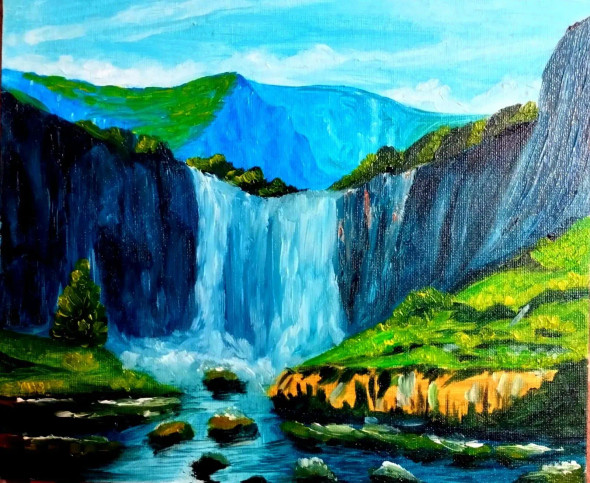 The Water Falls (ART-836-115535) - Handpainted Art Painting - 10in X 12in