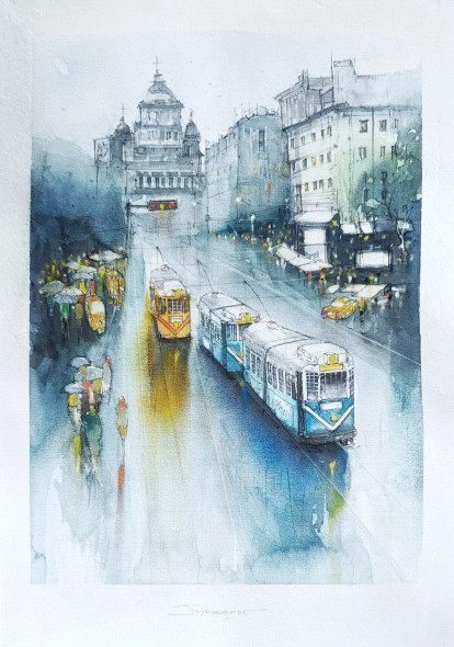 Rainy Day In The City, Kolkata Blues With Trams_watercolor On A3 (ART-8658-115547) - Handpainted Art Painting - 17in X 11in
