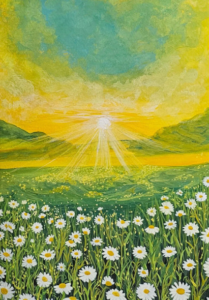 Sunrise Over A Field Of Daisies (ART-17630-115537) - Handpainted Art Painting - 8in X 12in
