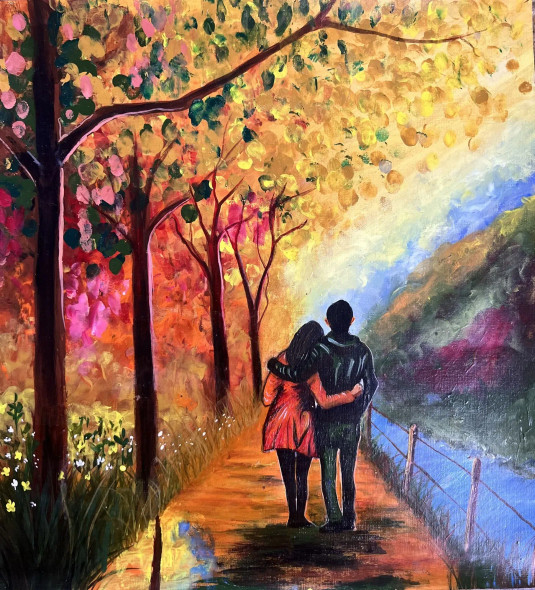 A Romantic Stroll Through A Vibrant, Dreamlike Landscape (ART-17638-115587) - Handpainted Art Painting - 14in X 15in