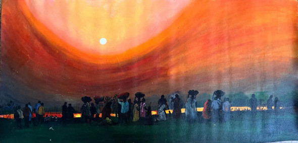A Vibrant Painting That Beautifully Captures The Spirit Of Bihar’s Folk Festival, Chhath (ART-17638-115589) - Handpainted Art Painting - 32in X 16in