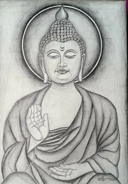 Lord Goutam Buddha Pencil Sketch (ART-17640-115580) - Handpainted Art Painting - 12in X 17in