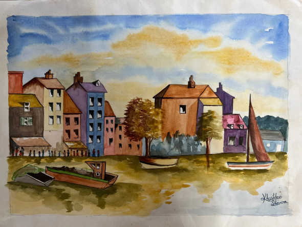 Colorful Village By The Water (ART-17638-115588) - Handpainted Art Painting - 14in X 10in