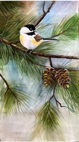 Sparrow Resting On The Branch Of Pine Tree (ART-17638-115577) - Handpainted Art Painting - 9in X 15in