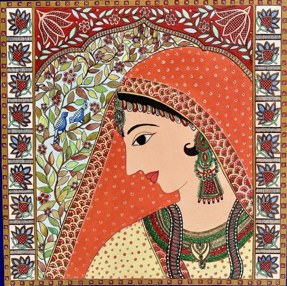Madhubani Art (ART-17605-115590) - Handpainted Art Painting - 24in X 24in