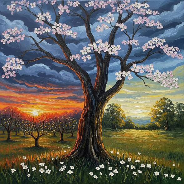 Storm Clouds, Sunlit Orchard, Silent Tree (092600) (PRT-15697-115498) - Canvas Art Print - 60in X 60in