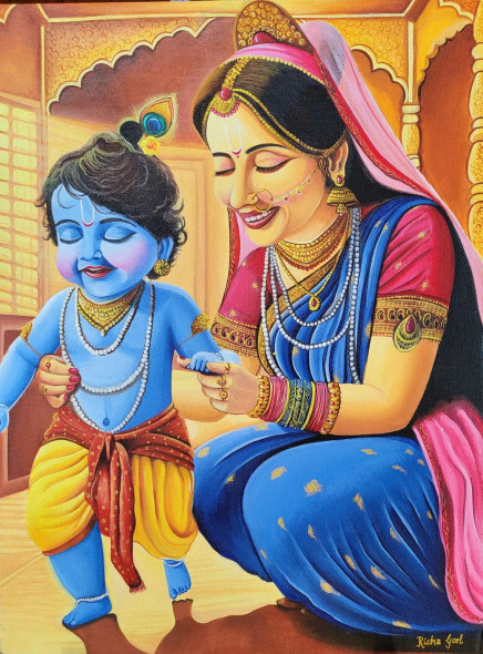 Yashoda Ki Ungli Thame, Krishna Ka Pehla Kadam (PRT-17594-115403) - Canvas Art Print - 18in X 24in