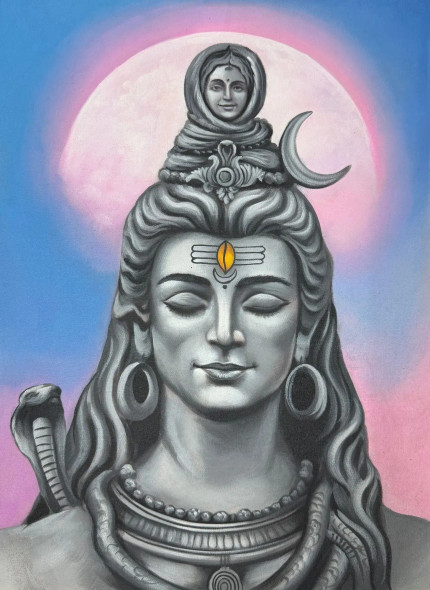 Mahadev And Ganga Oil Painting By Keshvaa (ART-17615-115618) - Handpainted Art Painting - 18in X 24in