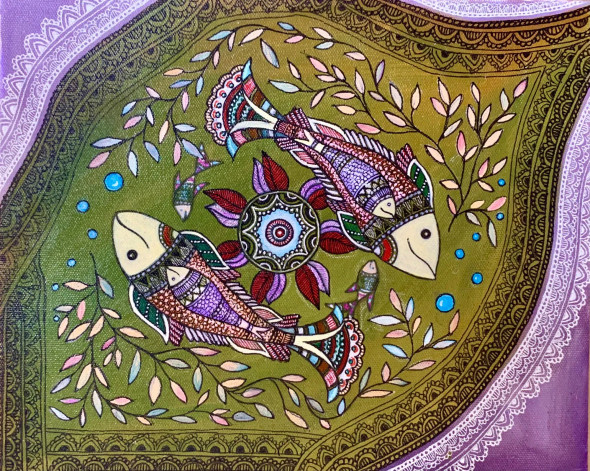 Fish Art (ART-17605-115602) - Handpainted Art Painting - 10in X 12in