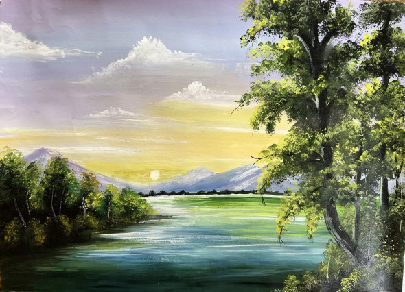 A Beautiful Morning Over The Mountains (ART-17638-115585) - Handpainted Art Painting - 16in X 12in