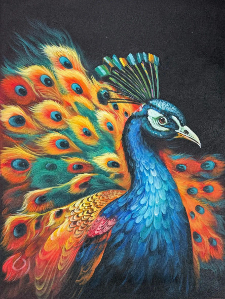Colorfull Peacock Oil Painting By Keshvaa (ART-17615-115645) - Handpainted Art Painting - 18in X 24in