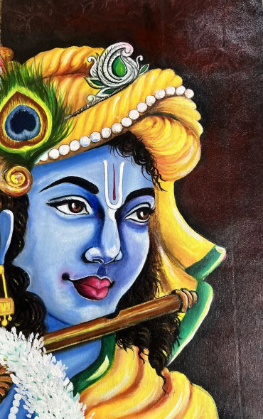 Lord Krishna With Flute: The Eternal Enchanter (ART-17638-115654) - Handpainted Art Painting - 13in X 21in
