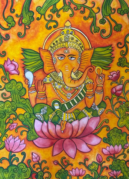 GANESHA MURAL (ART-1315-115731) - Handpainted Art Painting - 22in X 30in