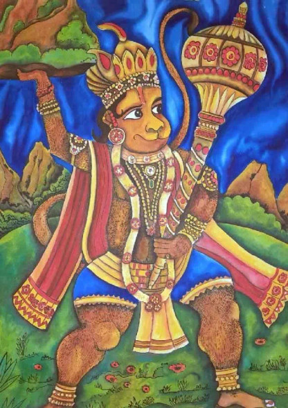 HANUMAN TO THE RESCUE (ART-1315-115733) - Handpainted Art Painting - 22in X 30in