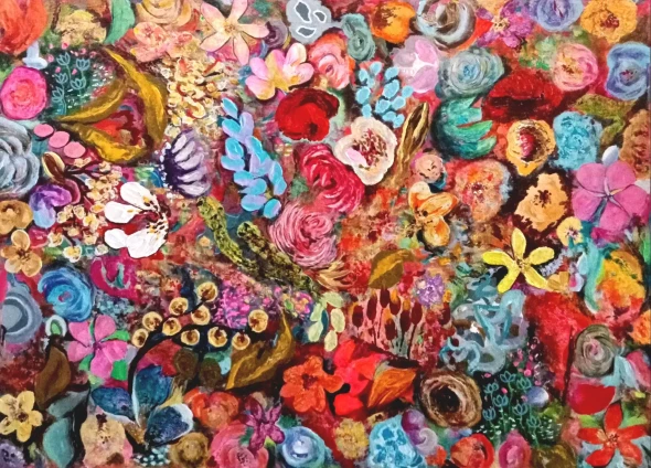 Floral Carnival Contemporary Abstract Floral Acrylic Painting (ART-8034-115670) - Handpainted Art Painting - 16in X 12in