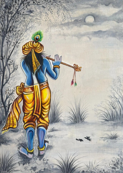 Whispers Beneath The Moon: Krishna In Solitude (ART-17638-115673) - Handpainted Art Painting - 18in X 25in
