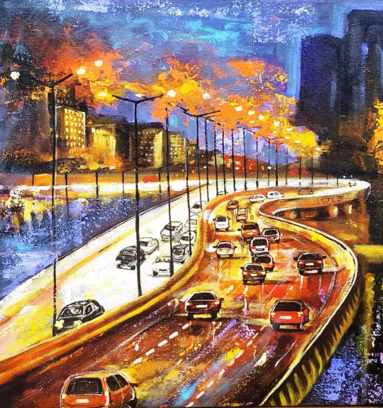Rainy Light Of City (ART-82-115650) - Handpainted Art Painting - 22in X 22in