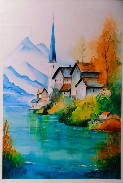 Golden Autumn By The Lake (ART-17662-115737) - Handpainted Art Painting - 13in X 19in