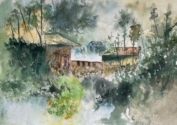 Countryside Cottages (ART-8841-115758) - Handpainted Art Painting - 11in X 8in