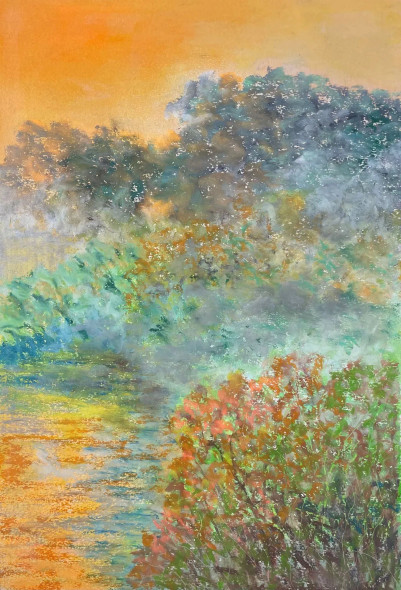 Misty Morning Riverside (ART-8841-115747) - Handpainted Art Painting - 11in X 15in