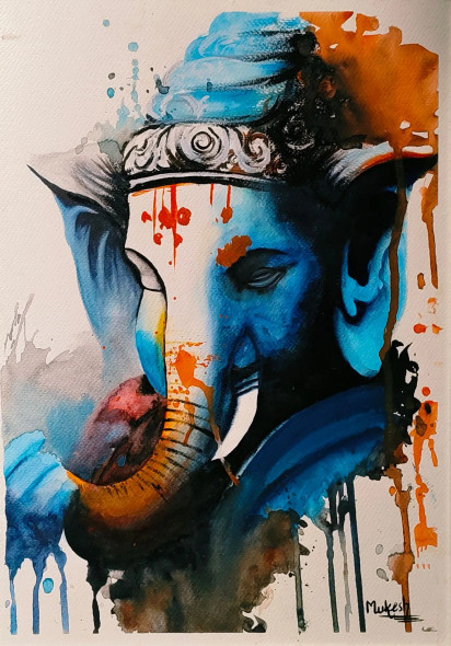 Sacred Hues Of Lord Ganesha (ART-17662-115736) - Handpainted Art Painting - 12in X 17in