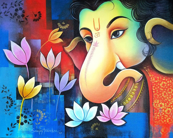 Ganesha 10 (ART-3298-115775) - Handpainted Art Painting - 30in X 24in