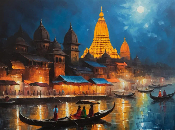 Banaras Ghat Painting (ART-3319-115278) - Handpainted Art Painting - 48in X 36in