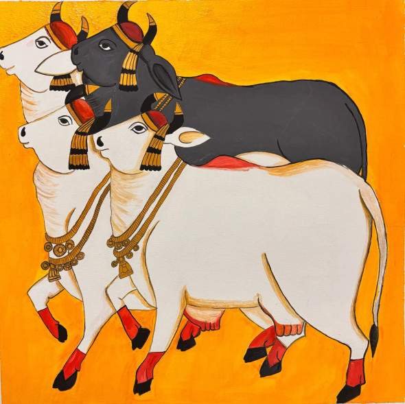 Pichwai Cows (ART-2399-115830) - Handpainted Art Painting - 13in X 13in