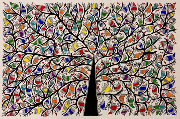 Madhubani Tree Of Life (ART-2399-115829) - Handpainted Art Painting - 20in X 13in