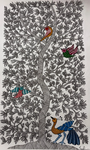 Gond Tree Of Life (ART-2399-115826) - Handpainted Art Painting - 10in X 18in