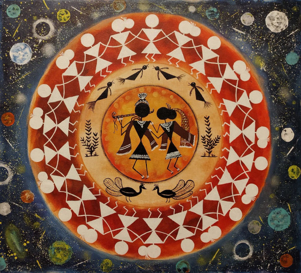Warli Fusion Radha Krishna Painting (ART-16710-115950) - Handpainted Art Painting - 26in X 24in