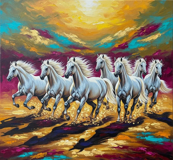 7 Running Horses Painting Vastu (ART-3319-115457) - Handpainted Art Painting - 36in X 30in