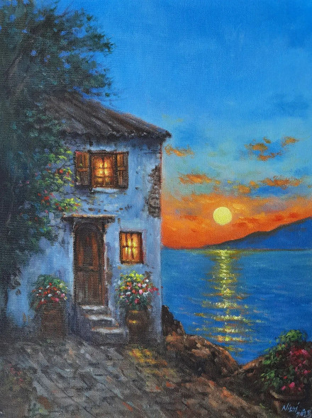 Evening By The Sea (ART-4815-115948) - Handpainted Art Painting - 12in X 16in