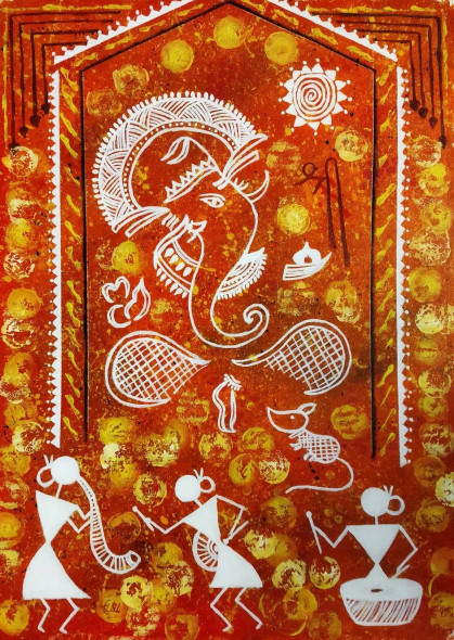 Warli Ganesh Painting (ART-16710-115951) - Handpainted Art Painting - 18in X 24in