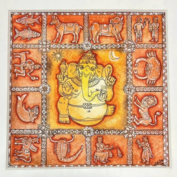 Celestial Blessings: Lord Ganesh With Zodiac Energies (ART-17655-115952) - Handpainted Art Painting - 14in X 14in