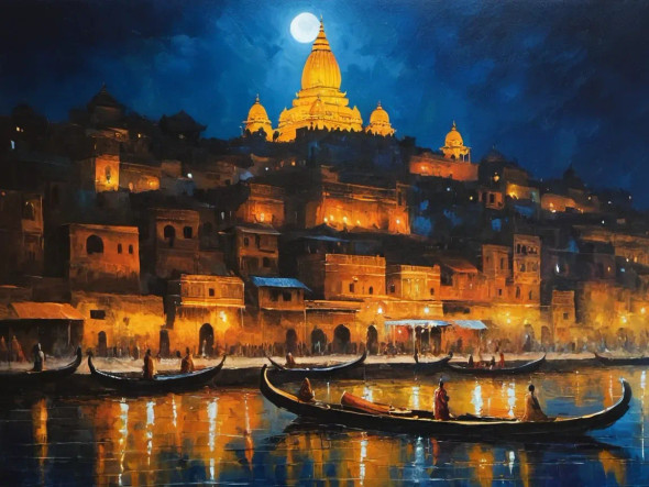 Banaras Ghat Painting (ART-3319-115279) - Handpainted Art Painting - 36in X 48in