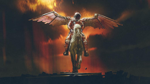 Surreal Painting Of Astronaut With Wings, Riding A Horse (PRT_16012) - Canvas Art Print - 32in X 18in