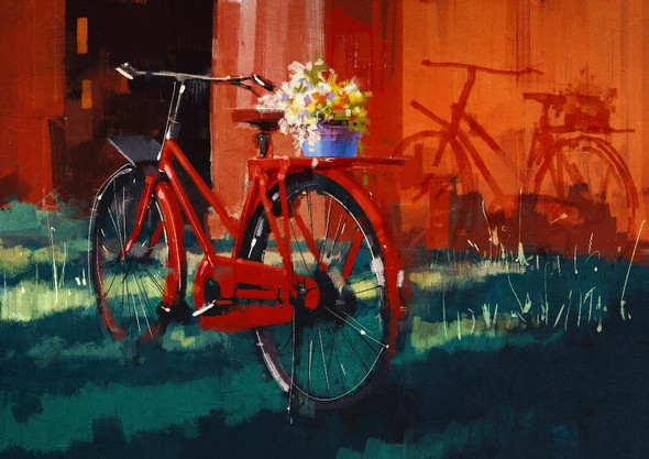 Red Bicycle With Flowers (PRT_16025) - Canvas Art Print - 23in X 17in