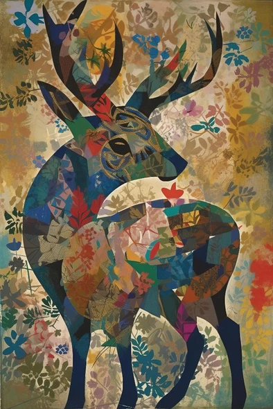 Abstract Deer Painting In Collage Style (PRT_16031) - Canvas Art Print - 30in X 45in