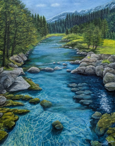 Serene Mountain River Landscape (ART-17713-115969) - Handpainted Art Painting - 24in X 31in
