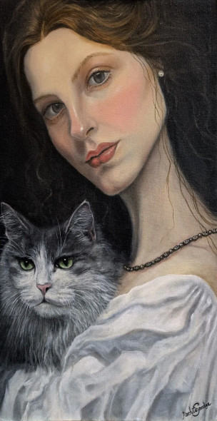 Portrait Of Elegance With Feline Companion (ART-17713-115973) - Handpainted Art Painting - 20in X 31in
